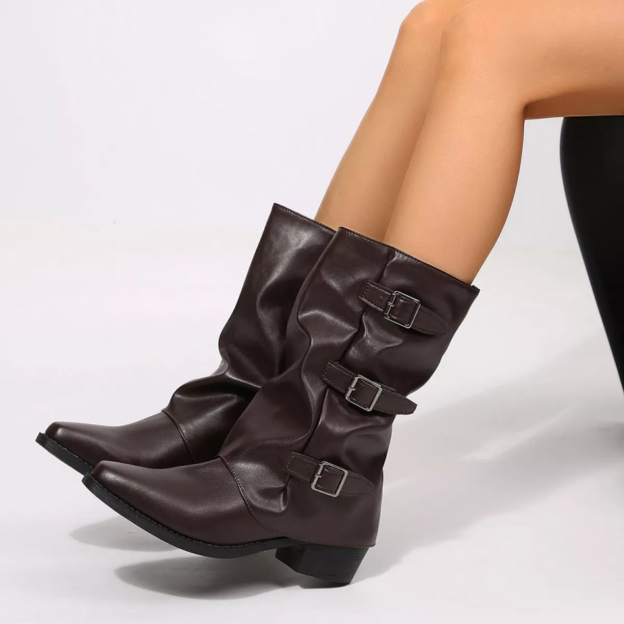 Point Toe Block Heels Boots Brown / 36 Apparel and Accessories
