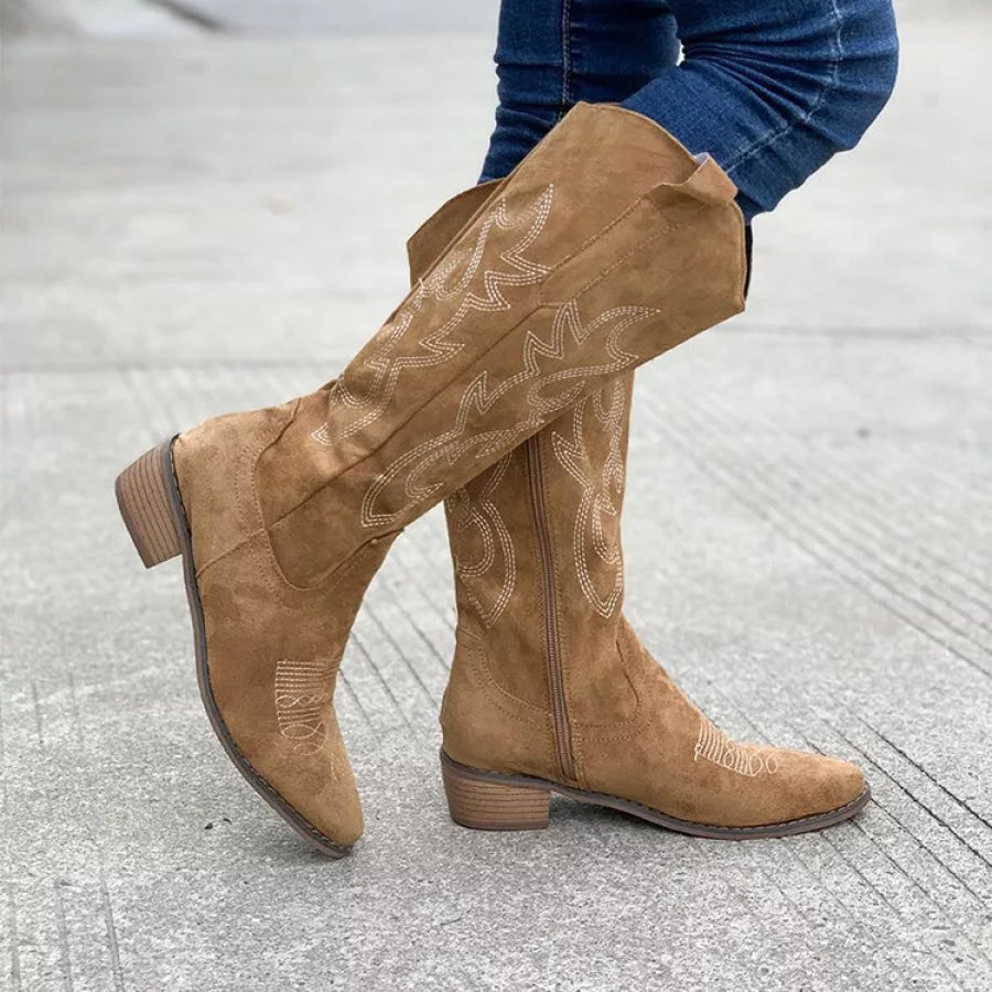Point Toe Block Heels Boots Brown / 36 Apparel and Accessories