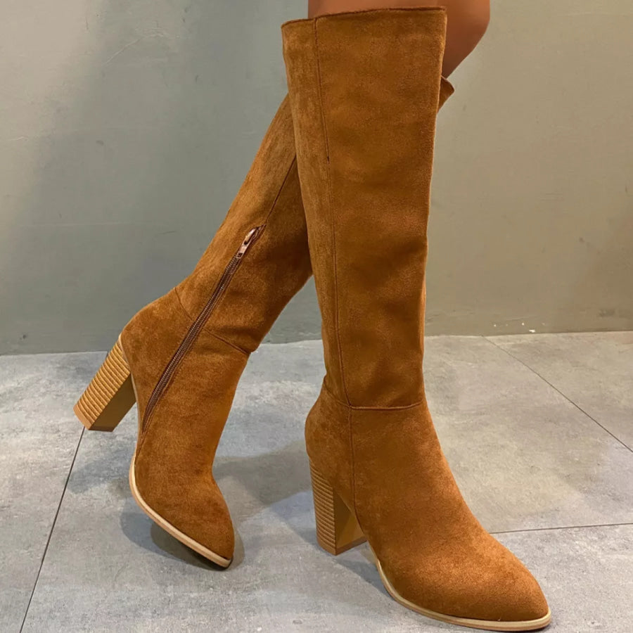 Point Toe Block Heels Boots Brown / 36 Apparel and Accessories