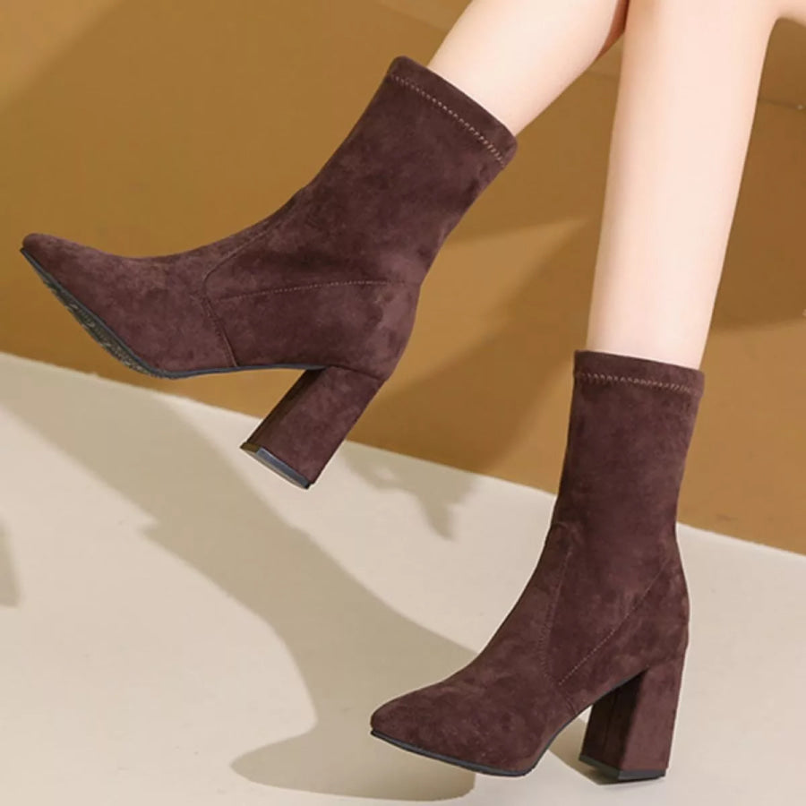 Point Toe Block Heels Boots Chocolate / 34 Apparel and Accessories