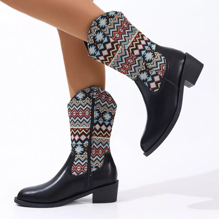 Point Toe Block Heels Boots Floral / 35 Apparel and Accessories