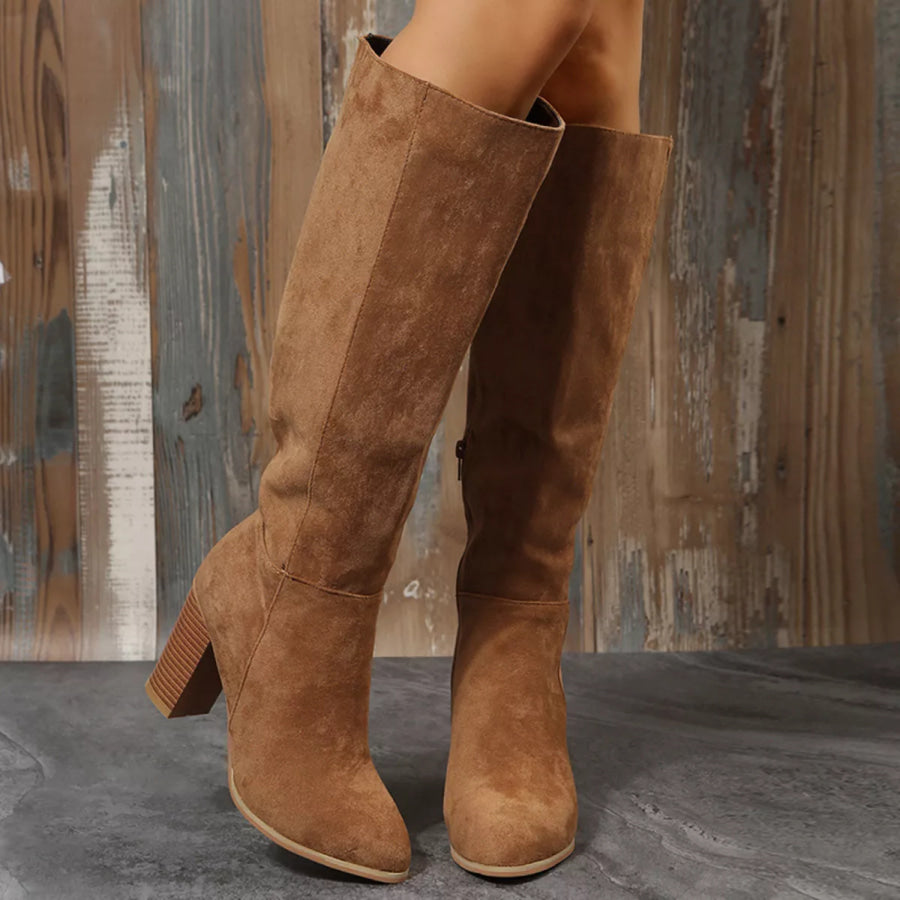 Point Toe Block Heels Boots Khaki / 36 Apparel and Accessories