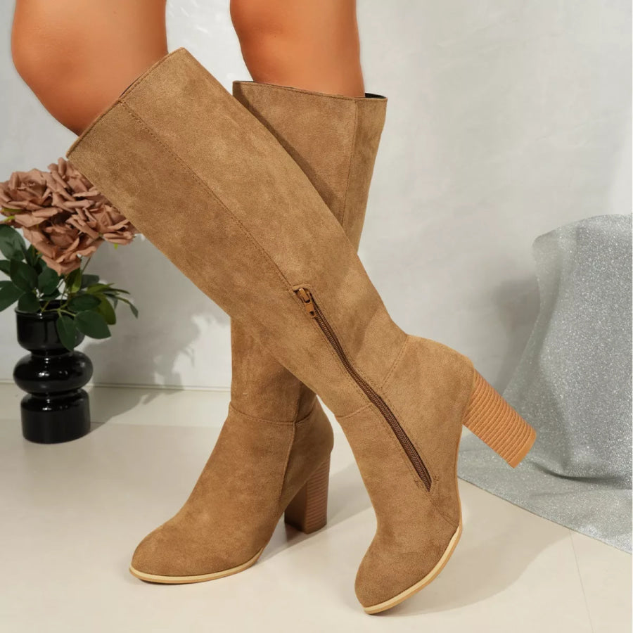 Point Toe Block Heels Boots Khaki / 36 Apparel and Accessories