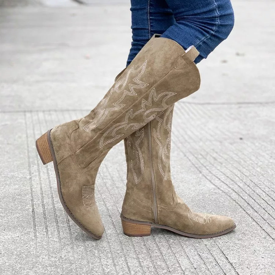 Point Toe Block Heels Boots Khaki / 36 Apparel and Accessories