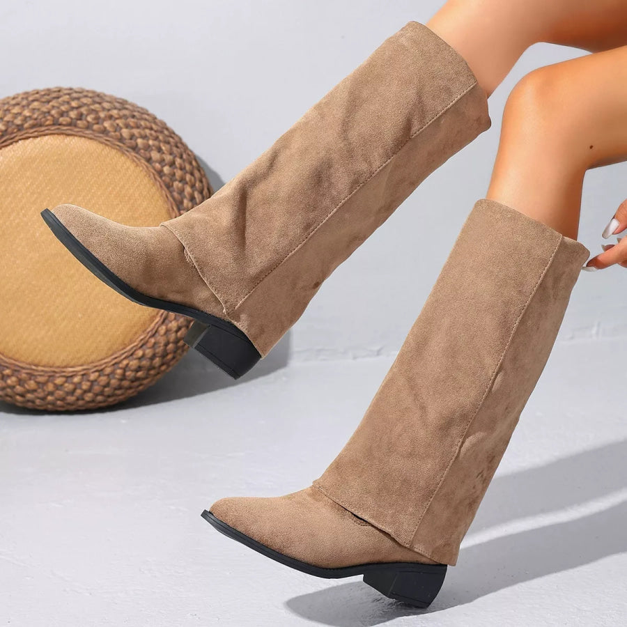 Point Toe Block Heels Boots Khaki / 36 Apparel and Accessories