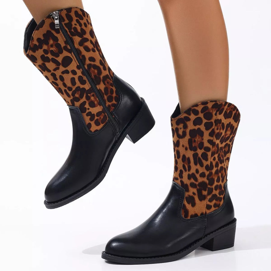 Point Toe Block Heels Boots Leopard / 35 Apparel and Accessories