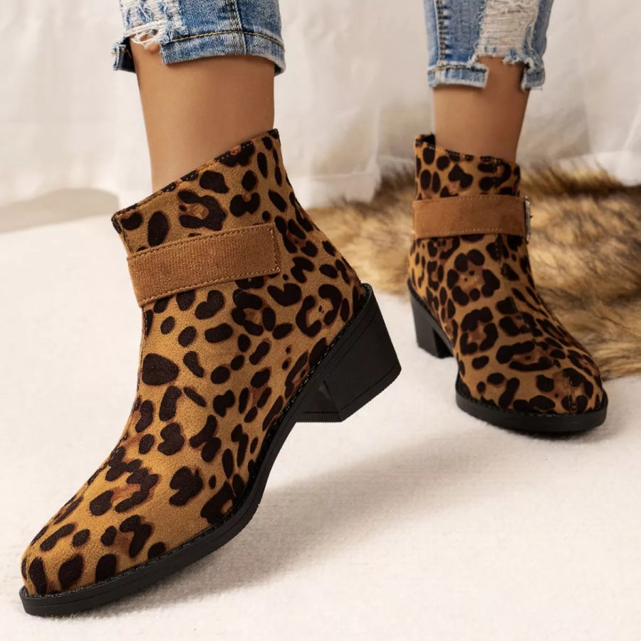 Point Toe Block Heels Boots Leopard Print / 35 Apparel and Accessories