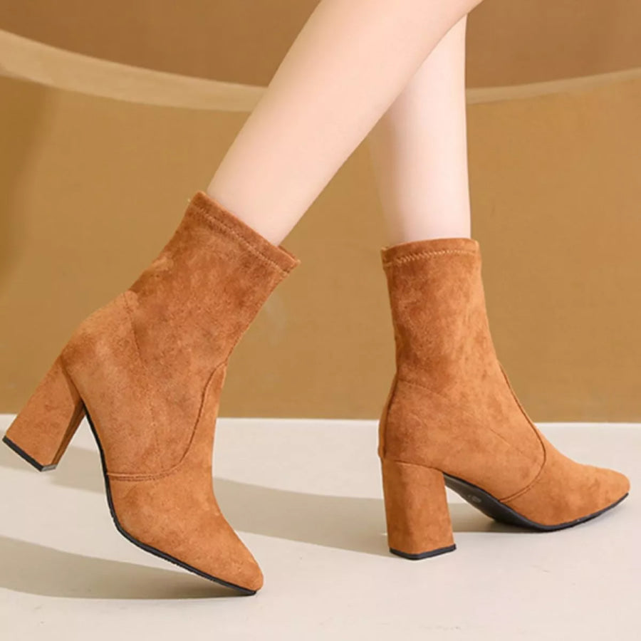 Point Toe Block Heels Boots Ochre / 34 Apparel and Accessories