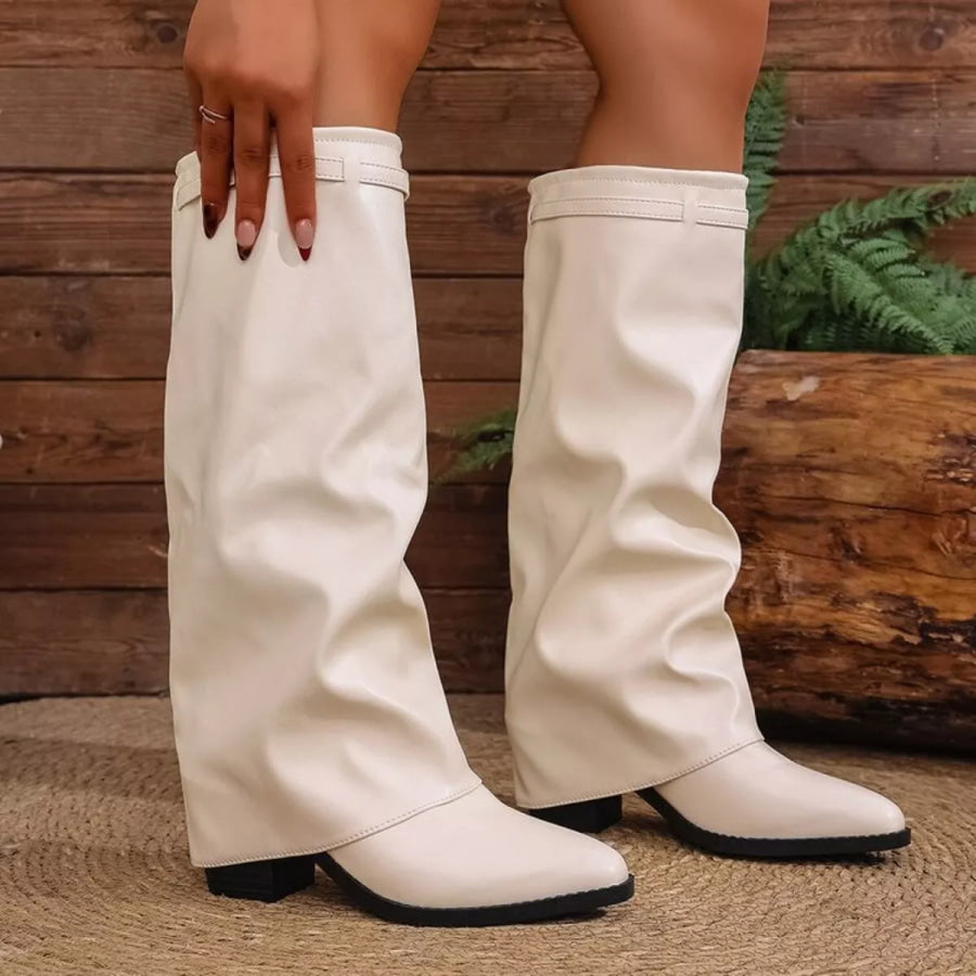 Point Toe Block Heels Boots Off White / 36 Apparel and Accessories