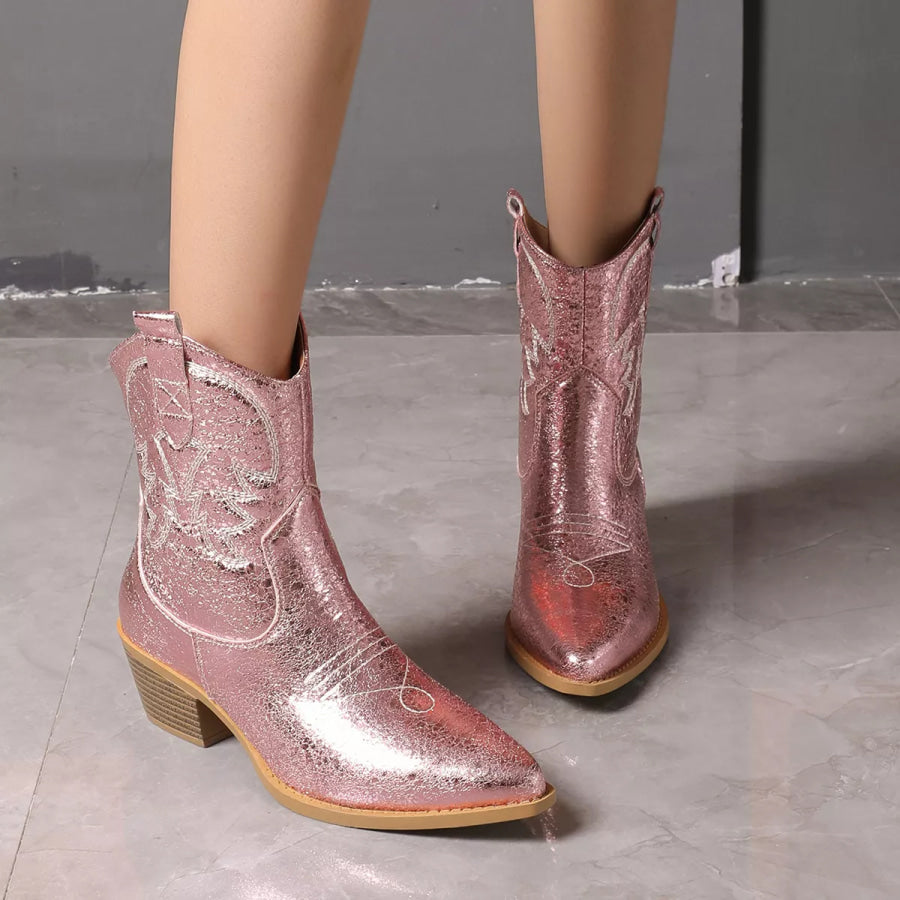 Point Toe Block Heels Boots Pink / 35 Apparel and Accessories