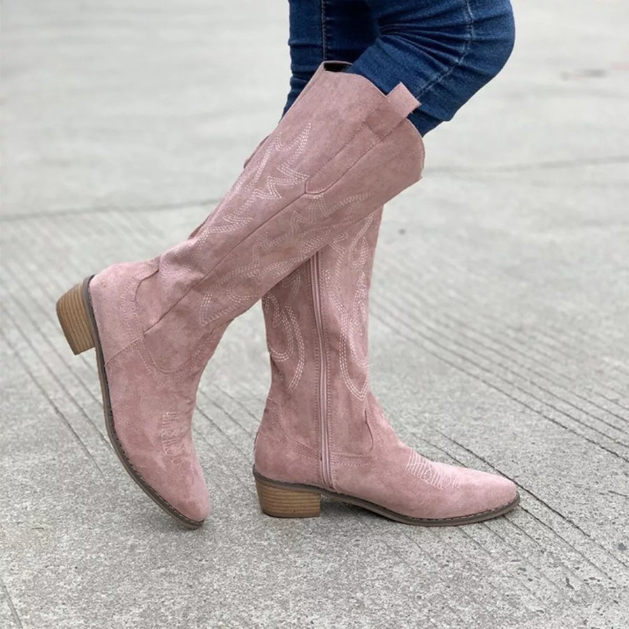 Point Toe Block Heels Boots Pink / 36 Apparel and Accessories