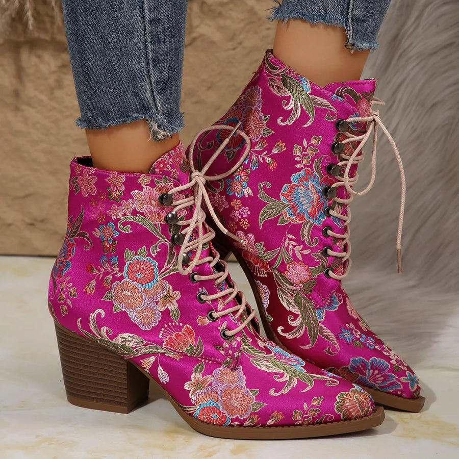 Point Toe Block Heels Boots Rose Red / 35 Apparel and Accessories