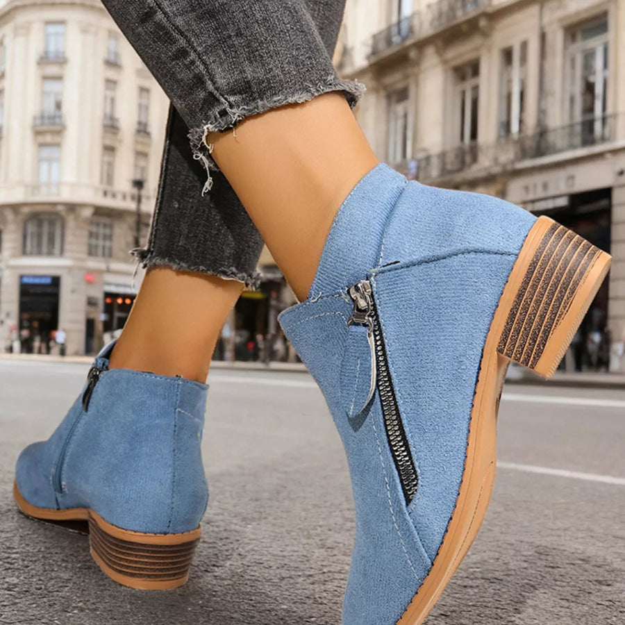 Point Toe Block Heels Boots Sky Blue / 36 Apparel and Accessories