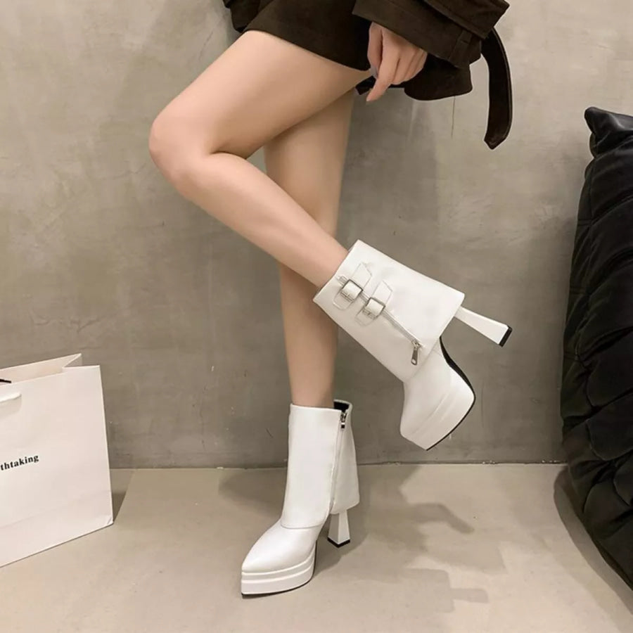 Point Toe Block Heels Boots White / 34 Apparel and Accessories
