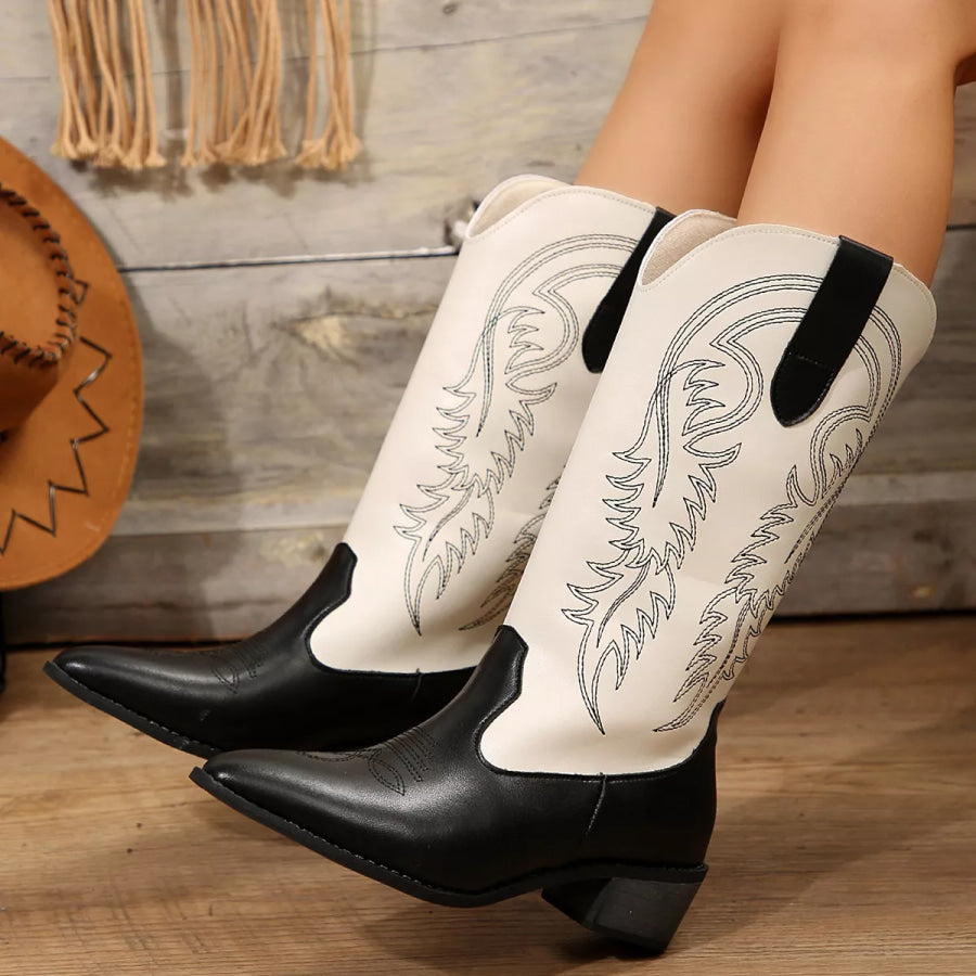 Point Toe Block Heels Boots White / 35 Apparel and Accessories