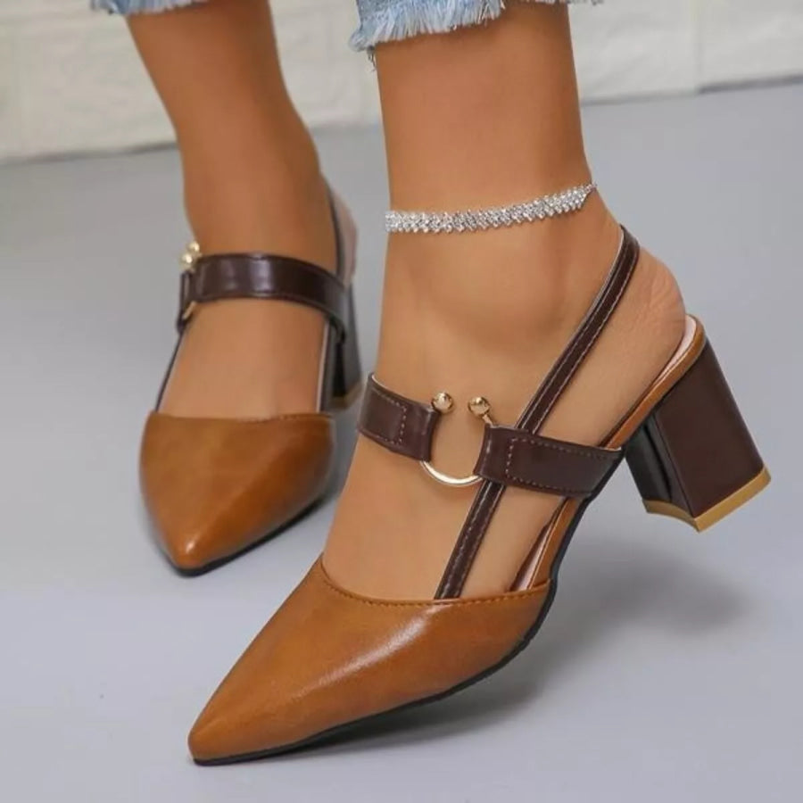Point Toe Block Heels Sandals Brown / 35 Apparel and Accessories