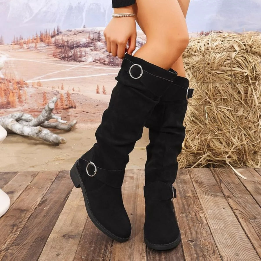 Point Toe Block Heels Slouch Boots Black / 36 Apparel and Accessories