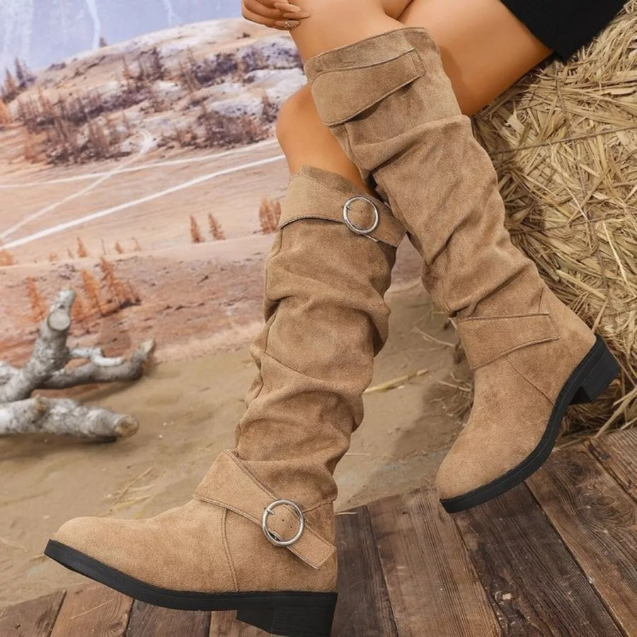 Point Toe Block Heels Slouch Boots Khaki / 36 Apparel and Accessories