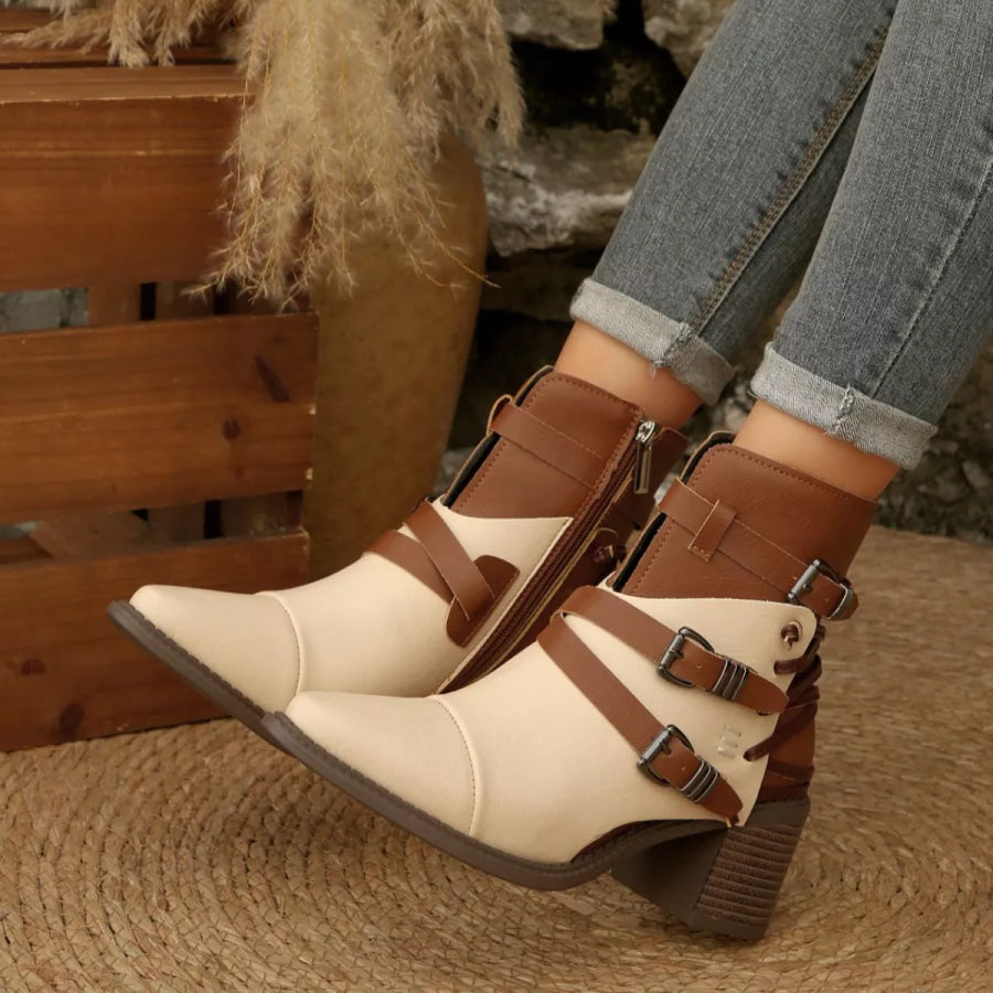 Point Toe Buckle Strap Ankle Boots with Block Heels Apparel and Accessories
