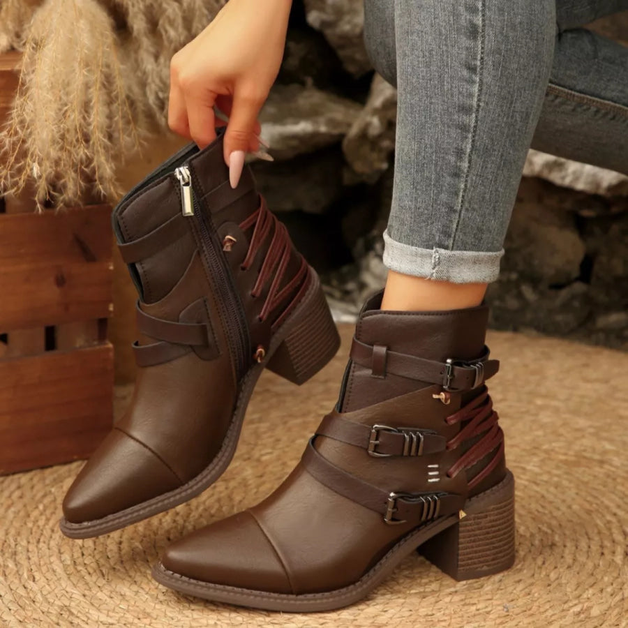 Point Toe Buckle Strap Ankle Boots with Block Heels Apparel and Accessories