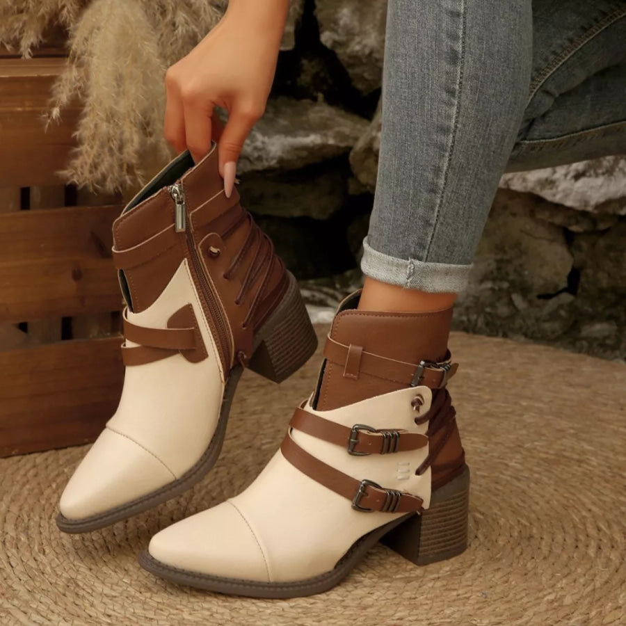 Point Toe Buckle Strap Ankle Boots with Block Heels Apparel and Accessories