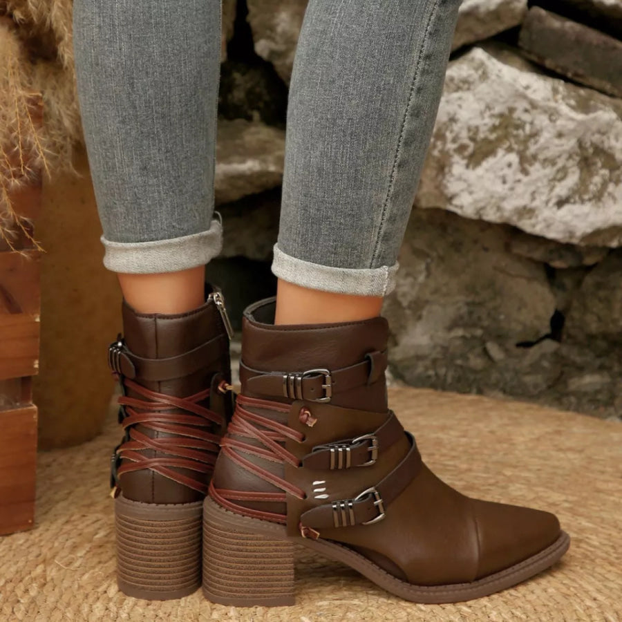Point Toe Buckle Strap Ankle Boots with Block Heels Apparel and Accessories