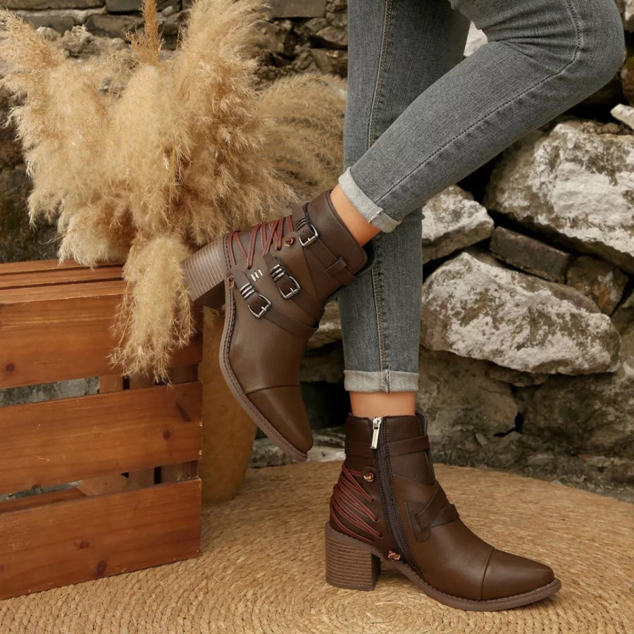Point Toe Buckle Strap Ankle Boots with Block Heels Apparel and Accessories