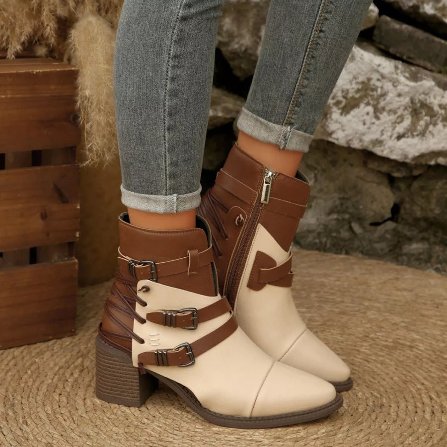 Point Toe Buckle Strap Ankle Boots with Block Heels Apparel and Accessories