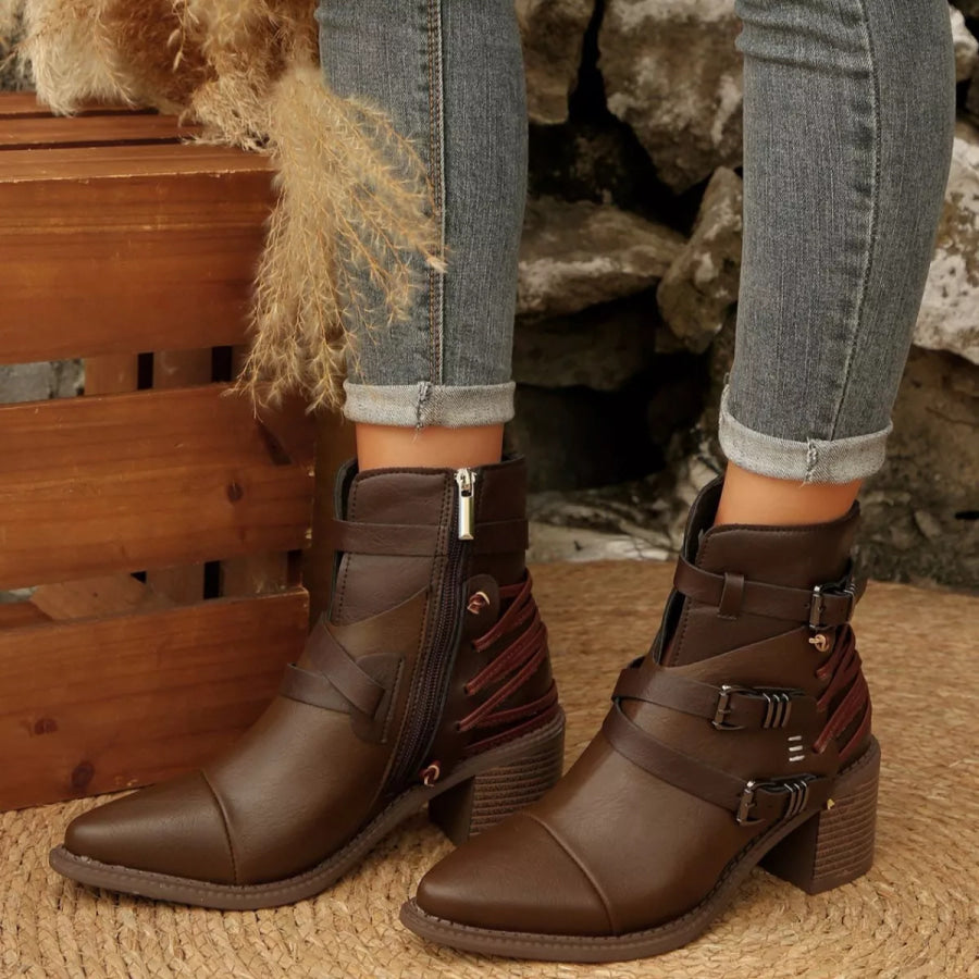 Point Toe Buckle Strap Ankle Boots with Block Heels Dark Brown / 36 Apparel and Accessories