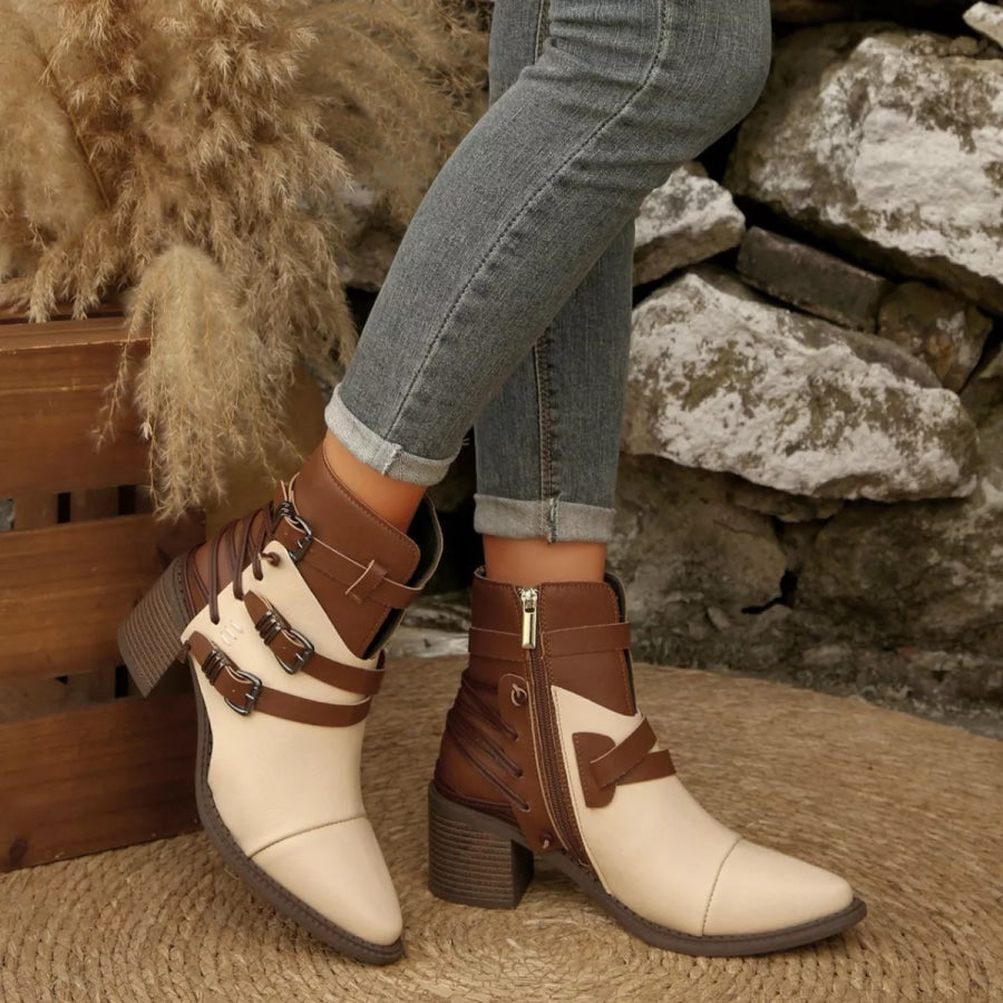 Point Toe Buckle Strap Ankle Boots with Block Heels Rice Brown / 36 Apparel and Accessories