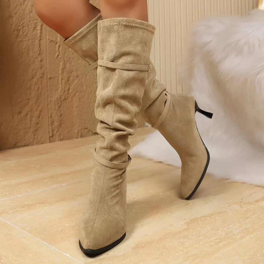 Point Toe Kitten Heels Boots Khaki / 35 Apparel and Accessories