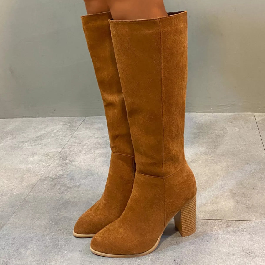 Point Toe Knee-High Suede Block Heel Boots Apparel and Accessories