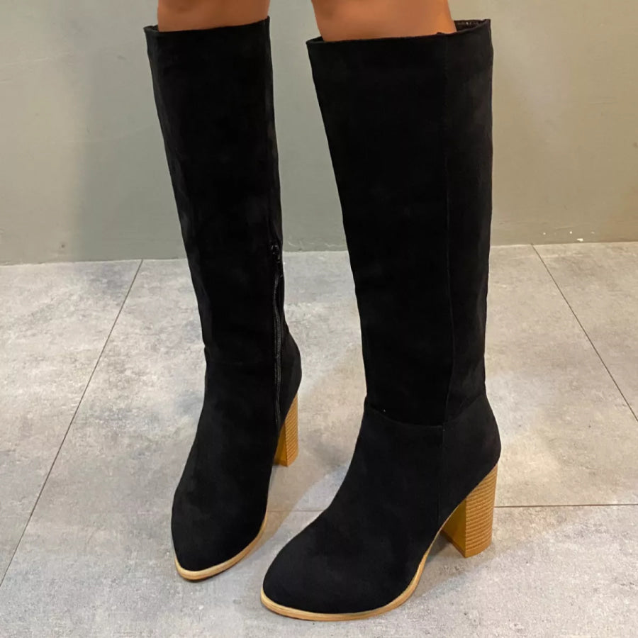 Point Toe Knee-High Suede Block Heel Boots Black / 36 Apparel and Accessories