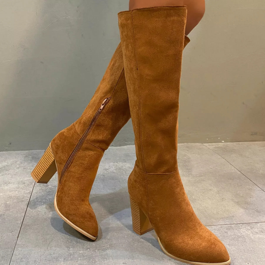 Point Toe Knee-High Suede Block Heel Boots Brown / 36 Apparel and Accessories