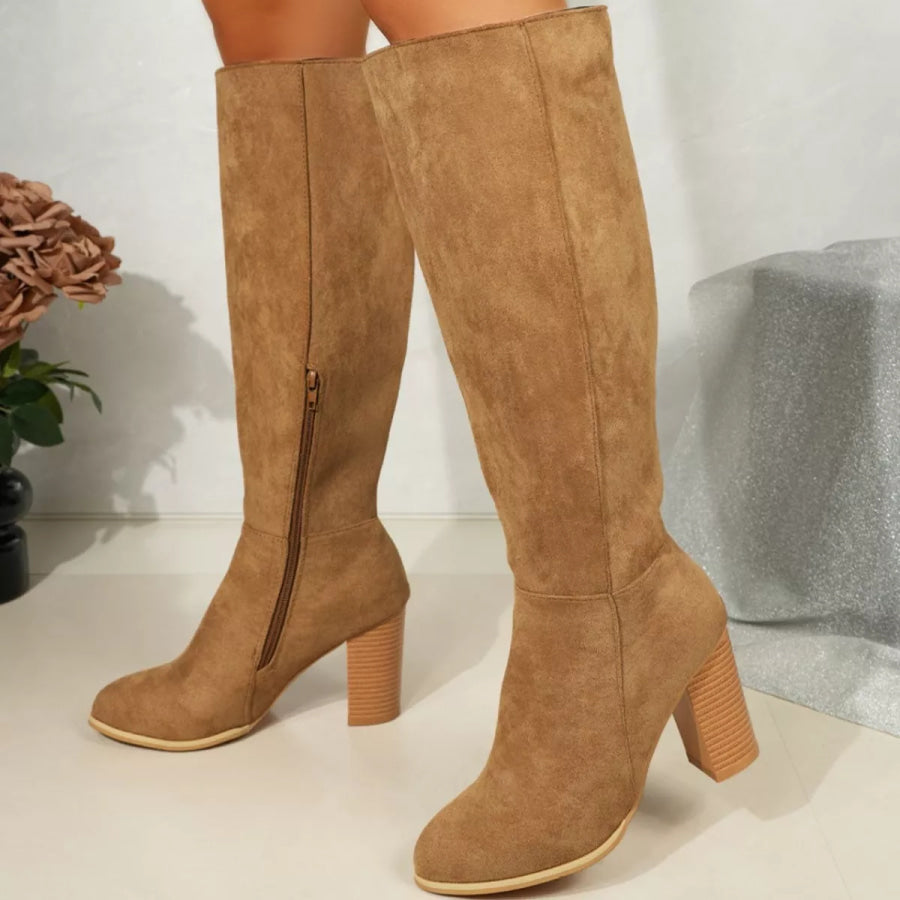 Point Toe Knee-High Suede Block Heel Boots Khaki / 36 Apparel and Accessories