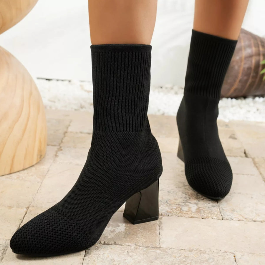 Point Toe Knit Sock Boots with Block Heels Apparel and Accessories