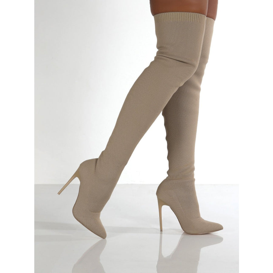 Point Toe Over Knee Stiletto Boots Beige / 36(US5) Apparel and Accessories