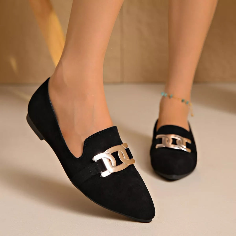 Pointed-Toe Suede Loafers with Metallic Chain Detail Apparel and Accessories