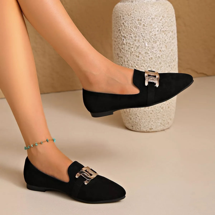 Pointed-Toe Suede Loafers with Metallic Chain Detail Apparel and Accessories