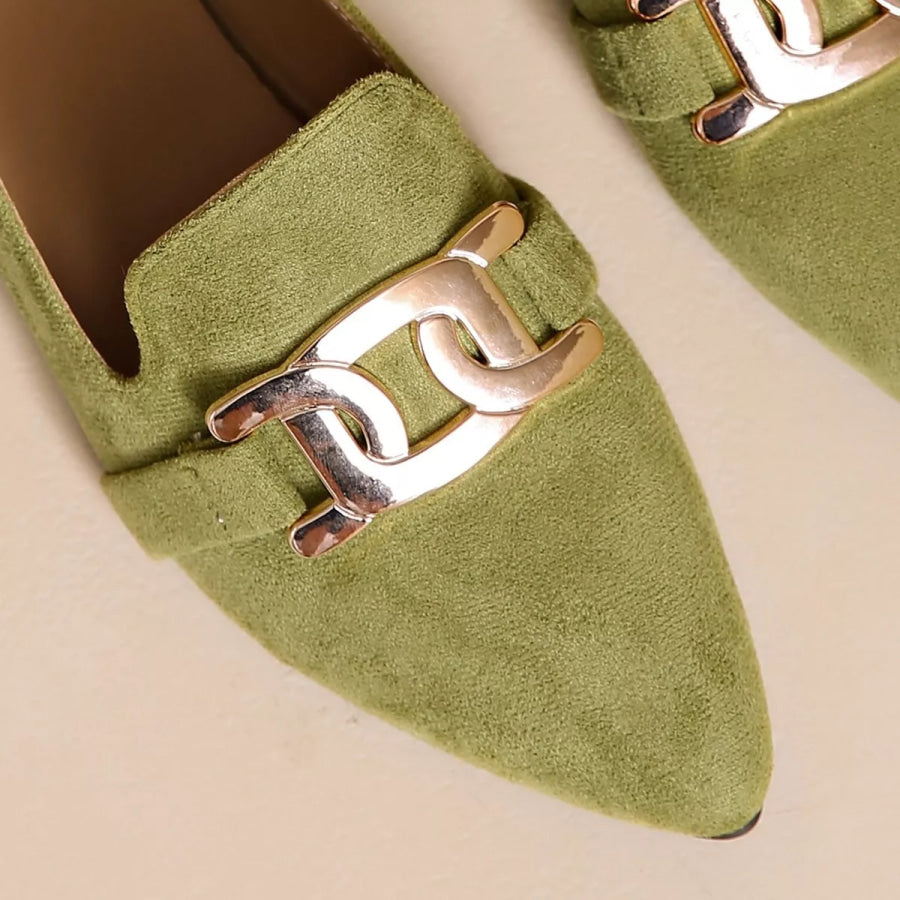 Pointed-Toe Suede Loafers with Metallic Chain Detail Apparel and Accessories