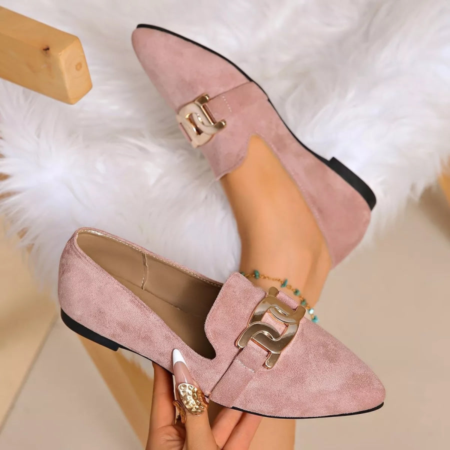 Pointed-Toe Suede Loafers with Metallic Chain Detail Apparel and Accessories