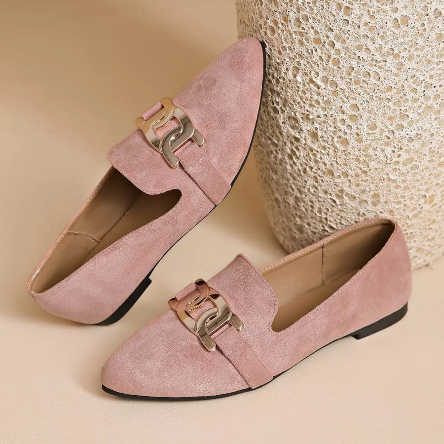 Pointed-Toe Suede Loafers with Metallic Chain Detail Apparel and Accessories