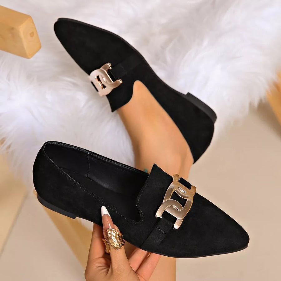 Pointed-Toe Suede Loafers with Metallic Chain Detail Black / 35 Apparel and Accessories