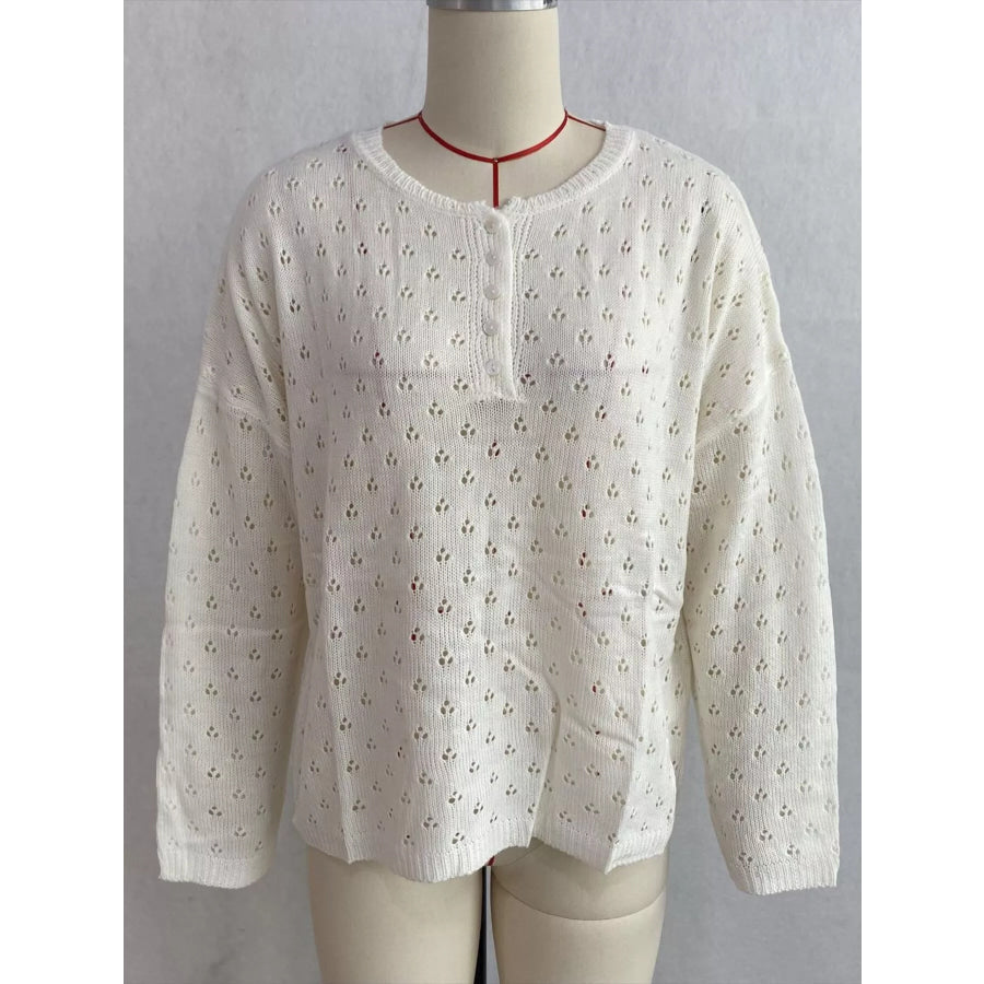 Pointelle Button-Front Round Neck Knit Top Apparel and Accessories