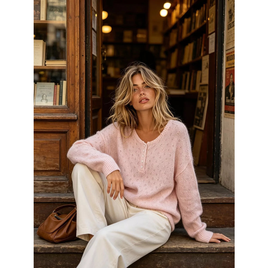 Pointelle Button-Front Round Neck Knit Top Apparel and Accessories