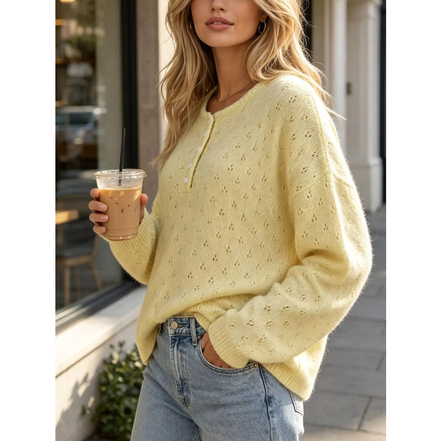 Pointelle Button-Front Round Neck Knit Top Apparel and Accessories