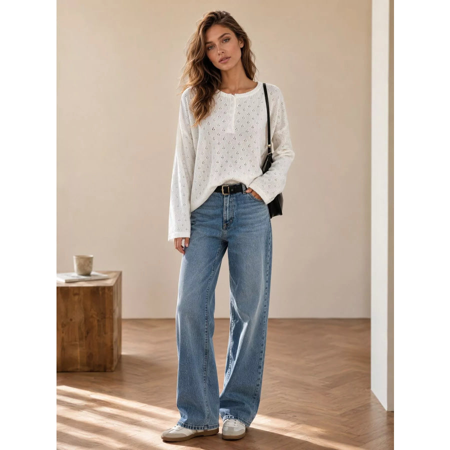 Pointelle Button-Front Round Neck Knit Top Apparel and Accessories