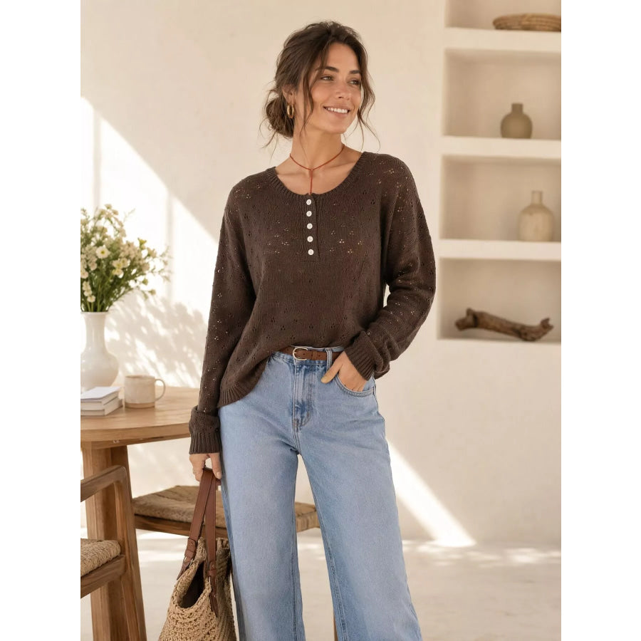 Pointelle Button-Front Round Neck Knit Top Apparel and Accessories