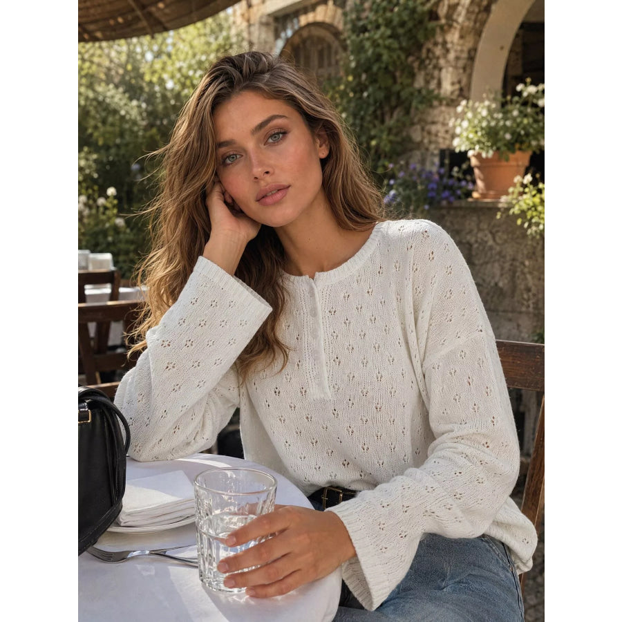 Pointelle Button-Front Round Neck Knit Top Apparel and Accessories