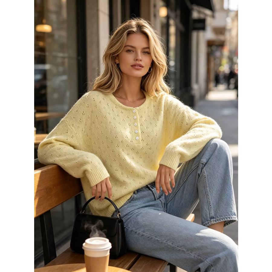Pointelle Button-Front Round Neck Knit Top Apparel and Accessories